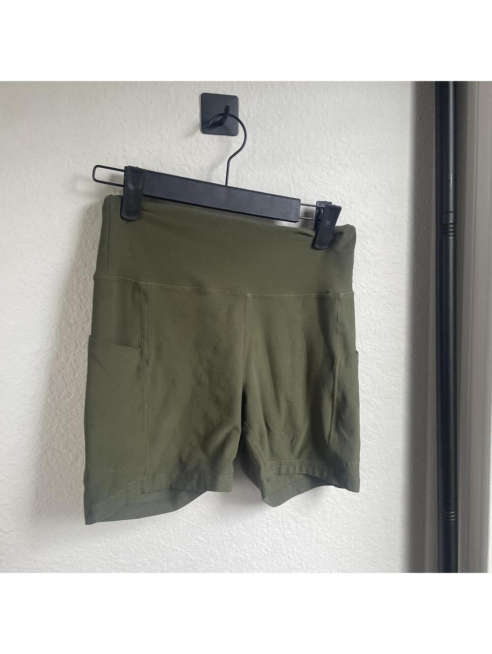 New Olive Green Spandex Workout Shorts with Pockets, Athletic Loungewear